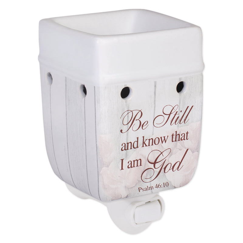 Be Still and Know Distressed Wood Design White Ceramic Stone Plug-in Warmer
