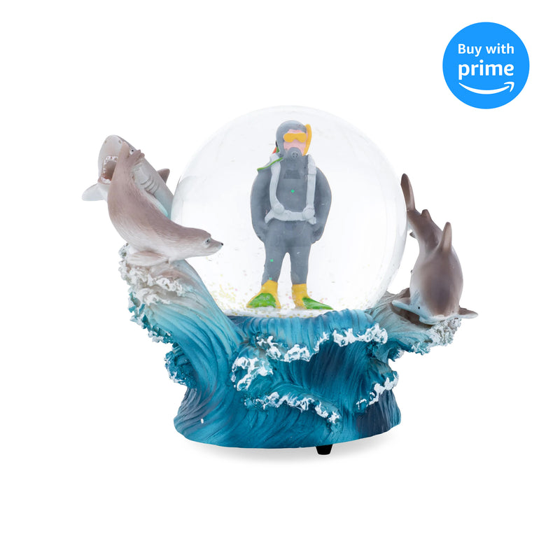 Scuba Diver Dolphins Blue 6.7 x 5.5 Resin Glitter Globe Plays Over The Waves