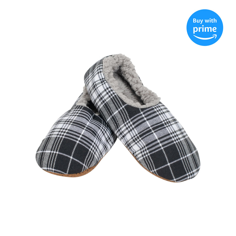 Black Plaid Mens Plush Lined Cozy Non Slip Indoor Soft Slippers - Small