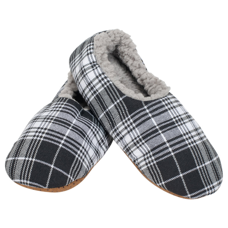 Black Plaid Mens Plush Lined Cozy Non Slip Indoor Soft Slippers - Large