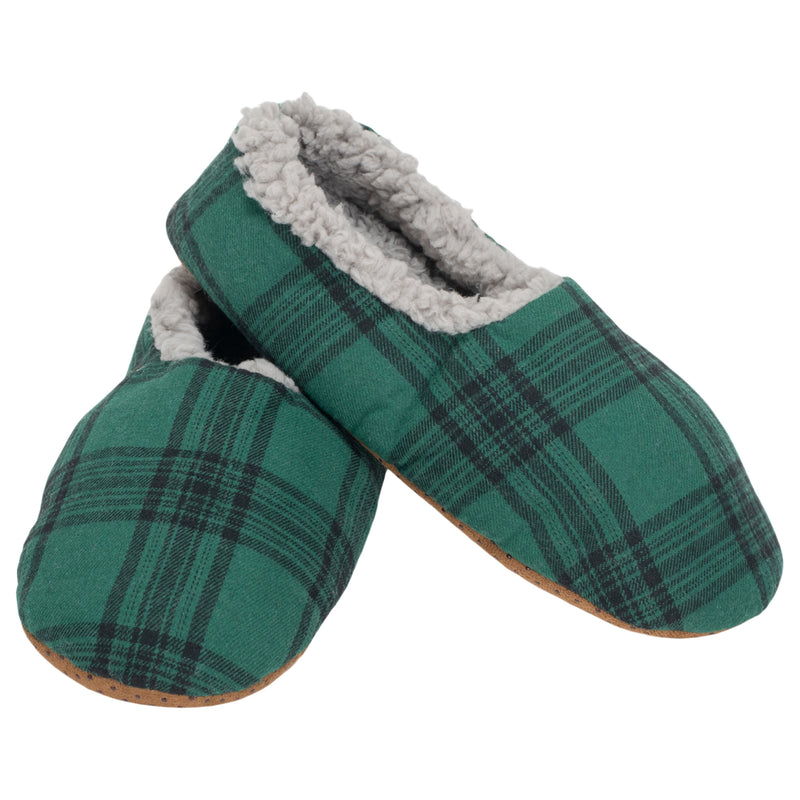 Green Plaid Mens Plush Lined Cozy Non Slip Indoor Soft Slippers - Small