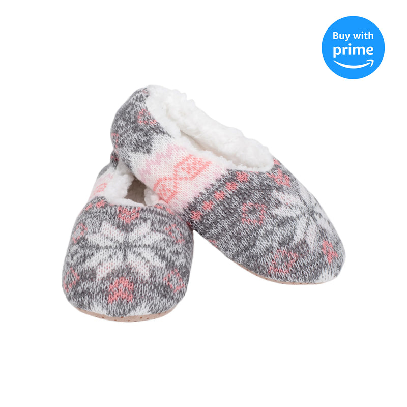 Pink Grey Nordic Snow Womens Plush Lined Cozy Non Slip Indoor Soft Slippers - Medium