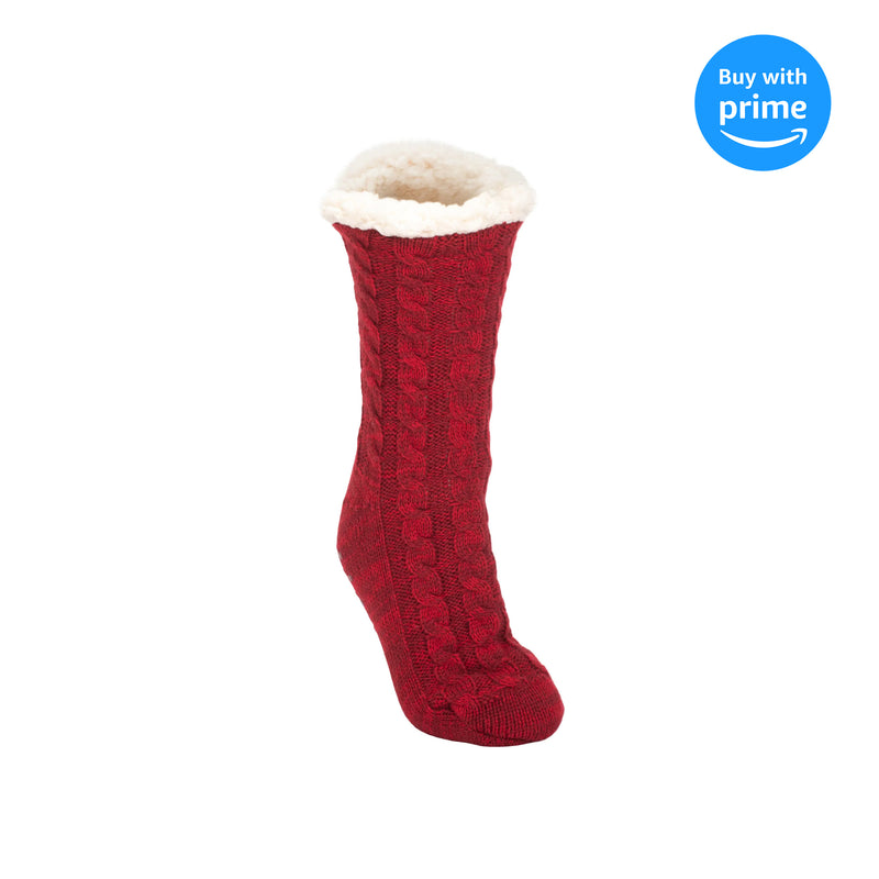 Burgundy Red Simple Knit Womens One Size Plush Lined Non Skid Indoor Slipper Socks