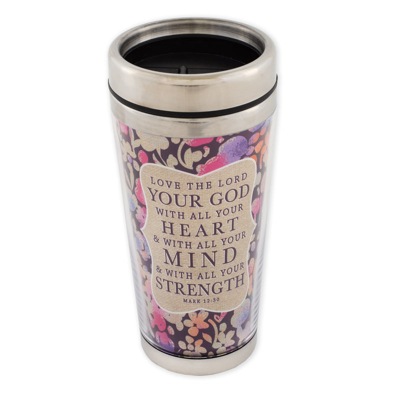 Love The Lord Floral Mark 12:30 16 Ounce Stainless Steel Travel Tumbler Mug