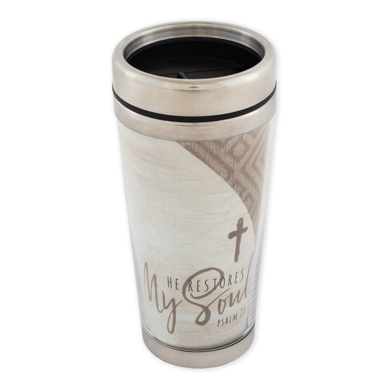 He Restores My Soul Psalm 23 Scripture 16 Ounce Stainless Steel Travel Tumbler Mug
