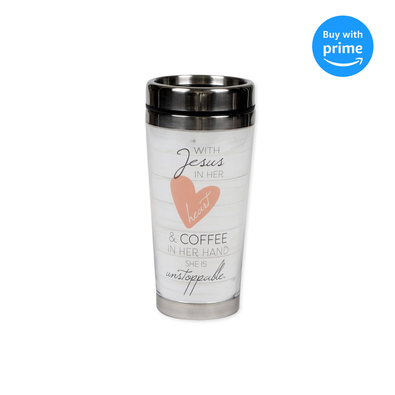 With Jesus and Coffee She is Unstoppable 16 Ounce Stainless Steel Travel Tumbler Mug