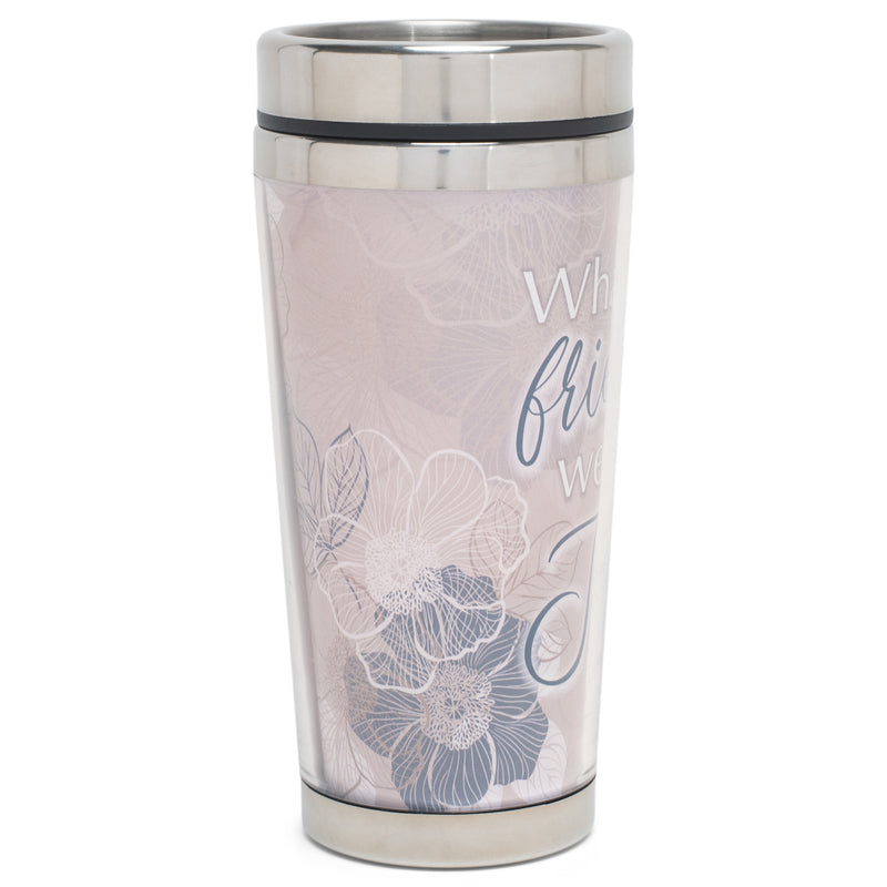 What A Friend We Have Tan and Navy Blue 16 Ounces Stainless Steel Travel Tumbler