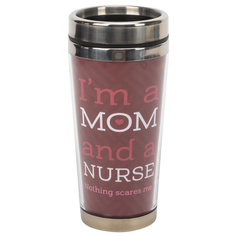 Mom Nurse Nothing Scares Me Purple 16 ounce Stainless Steel Travel Tumbler Mug with Lid