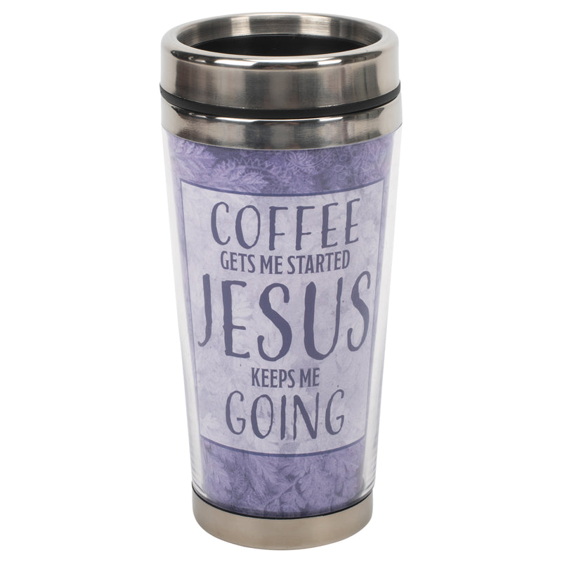 Coffee Started Keeps Going Purple 16 ounce Stainless Steel Travel Tumbler Mug with Lid