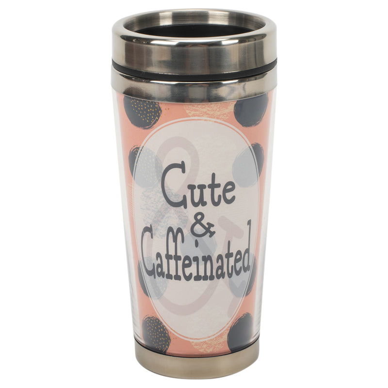 Cute and Caffeinated Plum Polka Dot 16 ounce Stainless Steel Travel Tumbler Mug with Lid