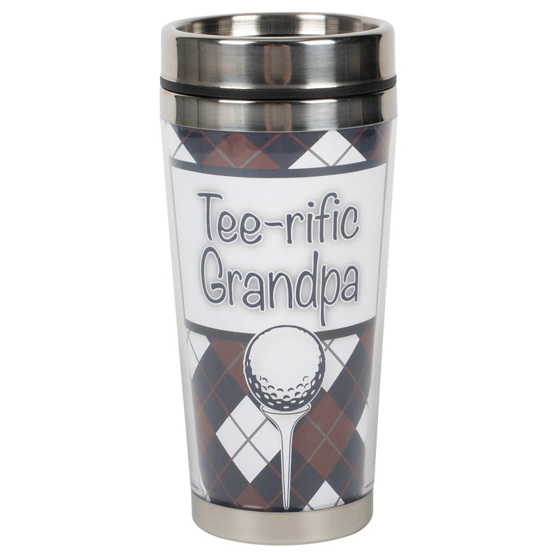 Tee-Rific Grandpa Maroon Golf Plaid 16 ounce Stainless Steel Travel Tumbler Mug with Lid