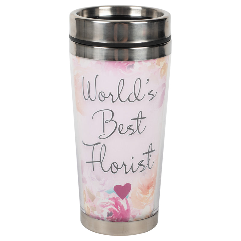 World's Best Florist Pink Floral 16 ounce Stainless Steel Travel Tumbler Mug with Lid
