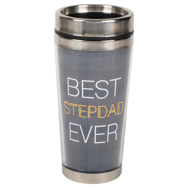 Best Step Dad Blue Plaid 16 ounce Stainless Steel Travel Tumbler Mug with Lid