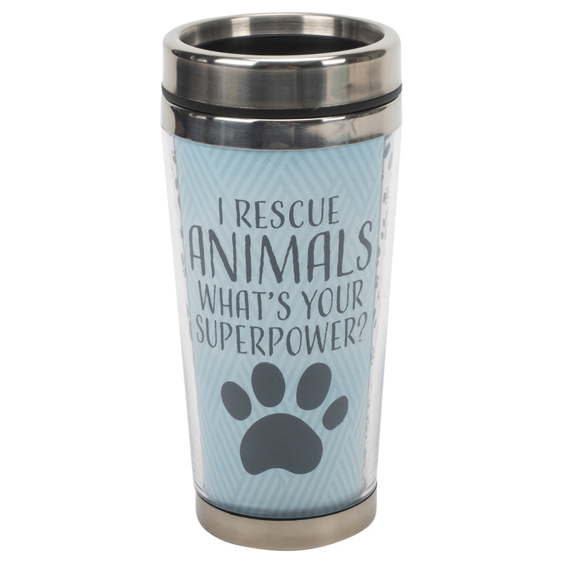 I Rescue What's Your Superpower Blue 16 ounce Stainless Steel Travel Tumbler Mug with Lid