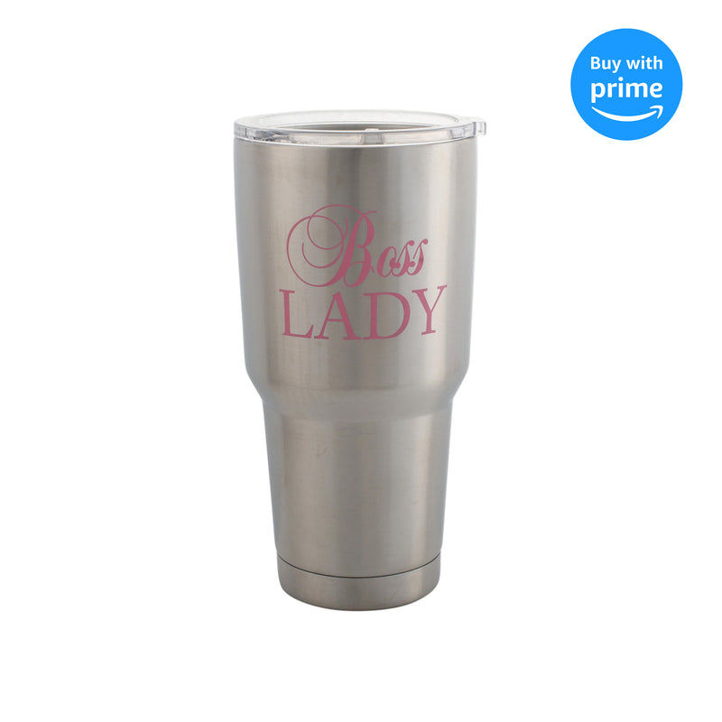 Boss Lady Script Silver Tone 30 Oz Stainless Steel Travel Mug with Lid