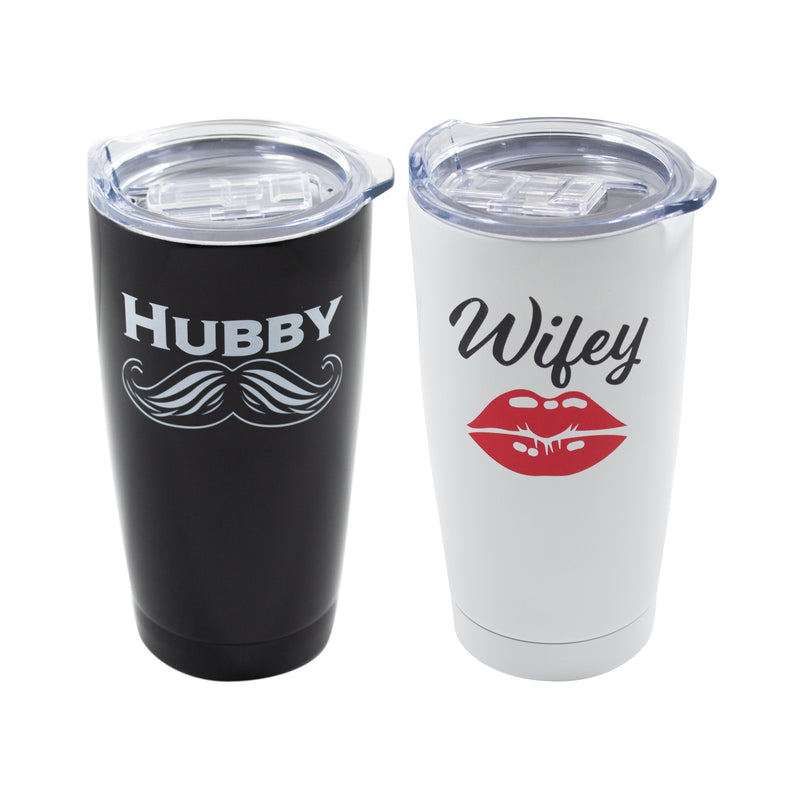 Hubby Mustache Wifey Red Lips 20 Ounce Stainless Steel Travel Tumbler Mug with Lid Set 2