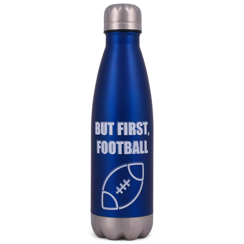 Elanze Designs But First Football Blue 17 ounce Stainless Steel Sports Water Bottle