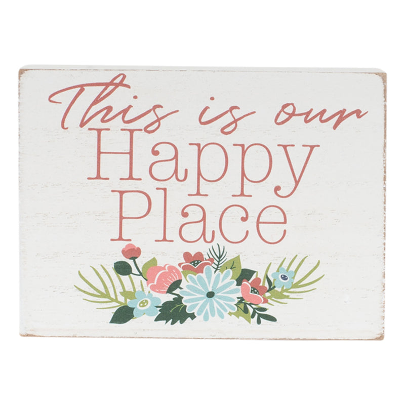This Is Our Happy Place Pink Floral 4 x 3 Wood Decorative Tabletop Block Plaque
