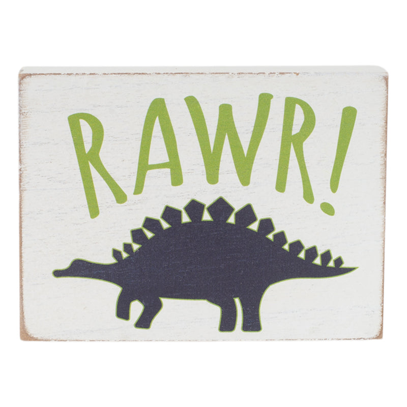 Rawr! Distressed Green Dinosaur 4 x 3 Wood Decorative Tabletop Block Plaque