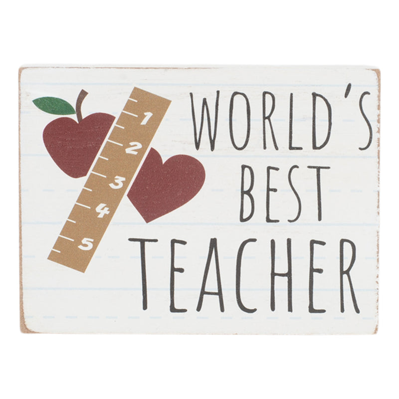World's Best Teacher Red Apple 4 x 3 Wood Decorative Tabletop Block Plaque