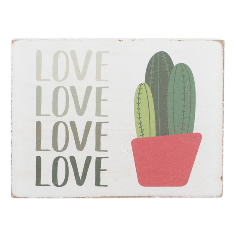 Love Green Cactus 4 x 3 Wood Decorative Tabletop Block Plaque