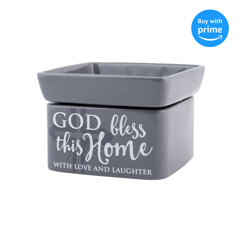 Elanze Designs God Bless This Home Love Grey Stoneware Electric 2-in-1 Jar Candle and Wax Tart Oil Warmer