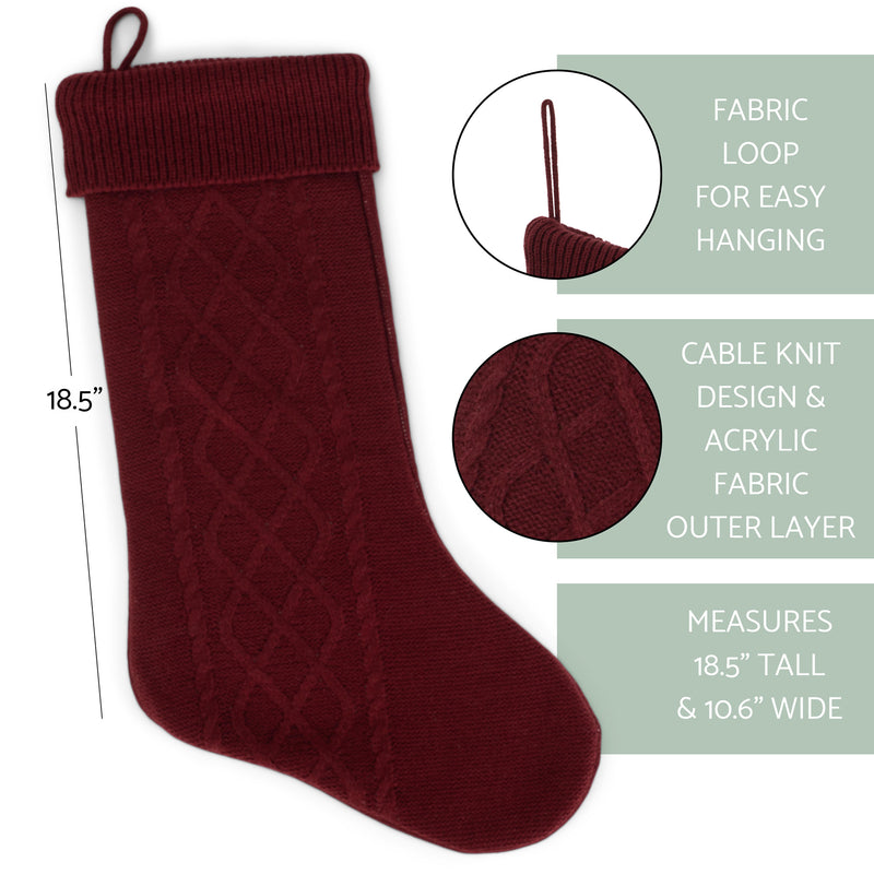 Cable Knit Sweater with Ribbed Cuff Christmas Stocking Decoration 18.5 inches long - Pack of 2 - Burgundy