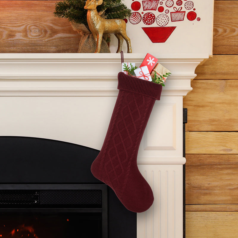 Cable Knit Sweater with Ribbed Cuff Christmas Stocking Decoration 18.5 inches long - Pack of 2 - Burgundy