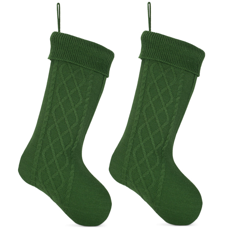Cable Knit Sweater with Ribbed Cuff Christmas Stocking Decoration 18.5 inches long - Pack of 2 - Olive Green