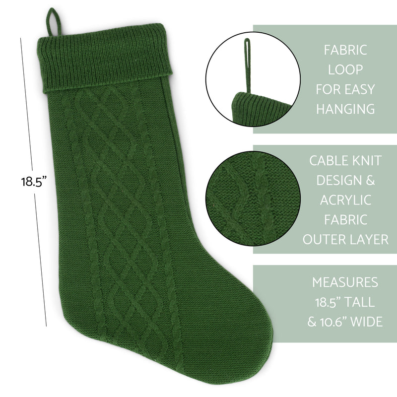 Cable Knit Sweater with Ribbed Cuff Christmas Stocking Decoration 18.5 inches long - Pack of 2 - Olive Green