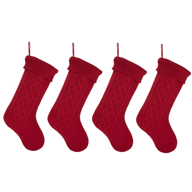 Cable Knit Sweater with Ribbed Cuff Christmas Stocking Decoration 18.5 inches long - Pack of 4 - Red 