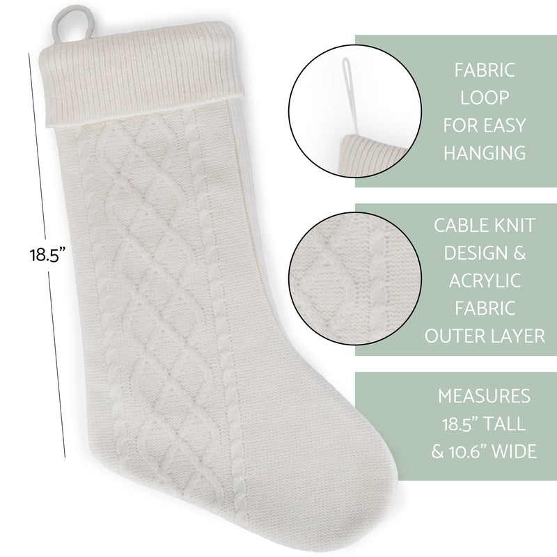 Cable Knit Sweater with Ribbed Cuff Christmas Stocking Decoration 18.5 inches long - Pack of 4 - White