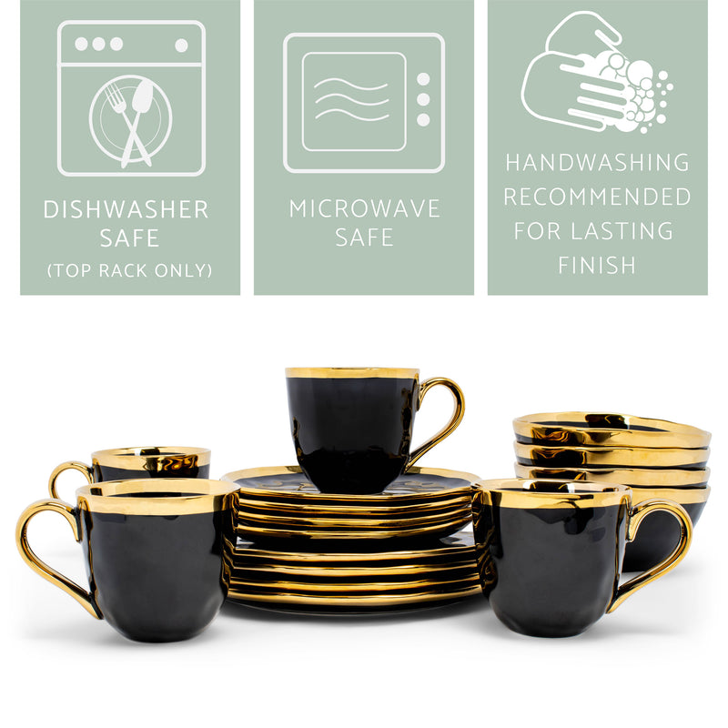 Elanze Designs Metallic Bubble Ceramic Dinnerware 16 Piece Set - Service for 4, Black Gold