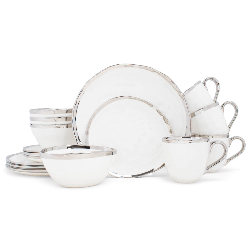 Elanze Designs Metallic Bubble Ceramic Dinnerware 16 Piece Set - Service for 4, White Silver