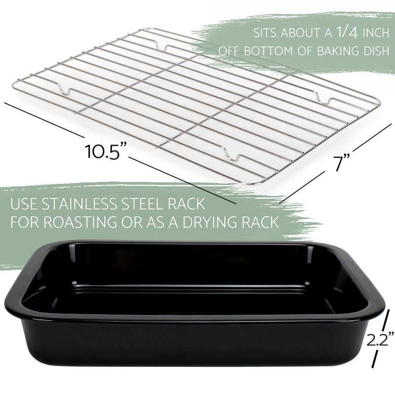 Elanze Designs Black 12.9 x 9.3 Porcelain Baking Dish With Stainless Steel Rack