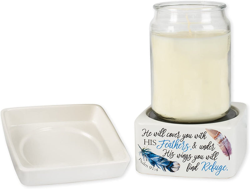 Refuge Under His Wings Feathers Stoneware Electric 2 in 1 Jar Candle and Wax Tart Oil Warmer